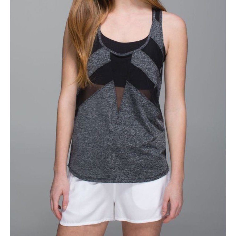 Lululemon If You're Lucky Tank Heathered Black Mesh Cut-Outs Sheer Open Back Top